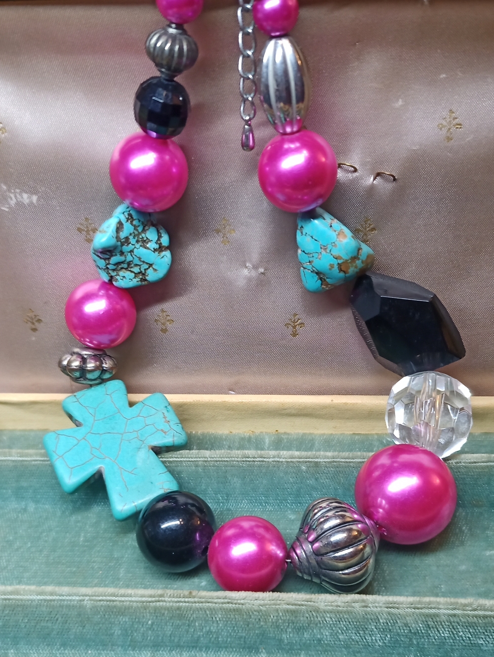 Bold Pink and Turquoise Beaded Statement Necklace